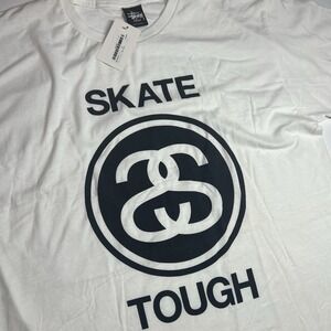 Stussy Skate Tough Short Sleeve Tee Men's Large White Black Logo Print Y2K
